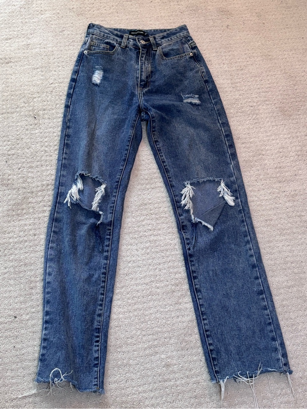 PrettyLittleThing Dark Blue Distressed Straight Leg Jeans